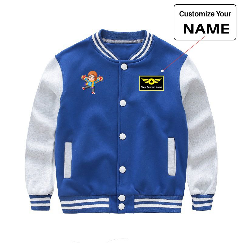 Cute Little Boy Pilot Costume Playing With Wings Designed "CHILDREN" Baseball Jackets