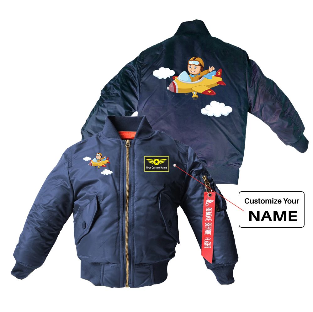 Cartoon Little Boy Operating Plane Designed Children Bomber Jackets