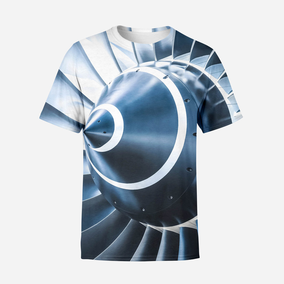 Blue Toned Super Jet Engine Blades Closeup Printed 3D T-Shirts