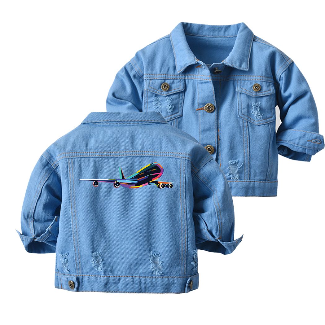 Multicolor Airplane Designed Children Denim Jackets