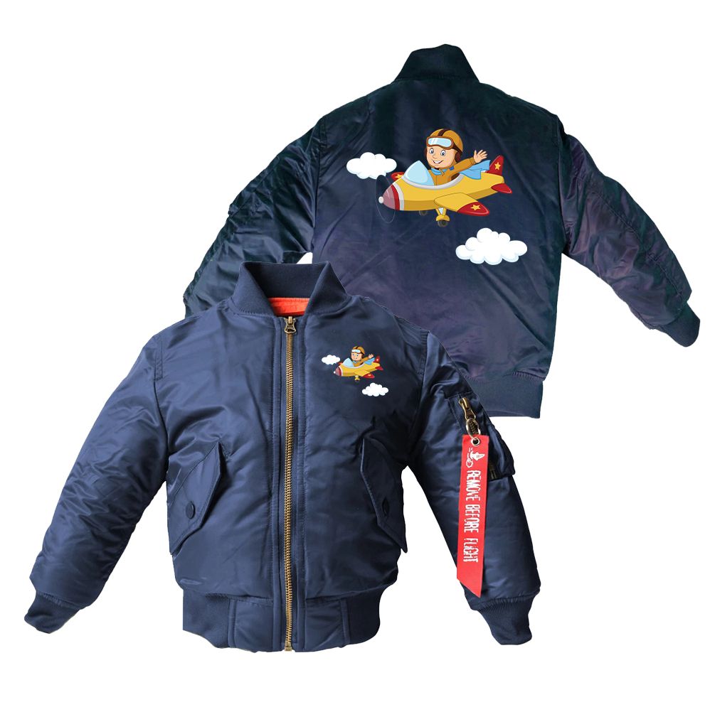 Cartoon Little Boy Operating Plane Designed Children Bomber Jackets