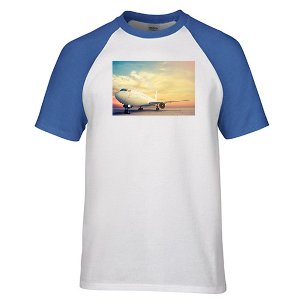 Parked Aircraft During Sunset Designed Raglan T-Shirts
