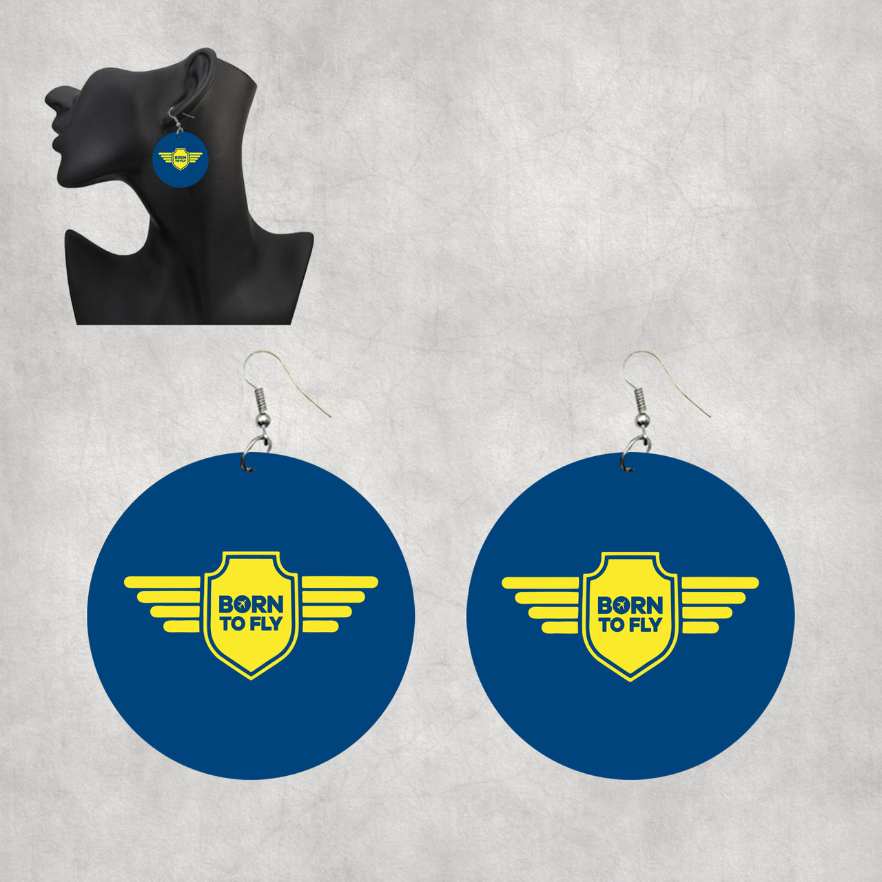 Born To Fly & Badge Designed Wooden Drop Earrings