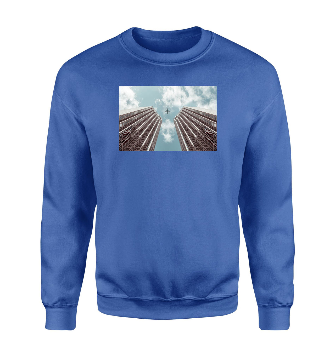 Airplane Flying over Big Buildings Designed Sweatshirts