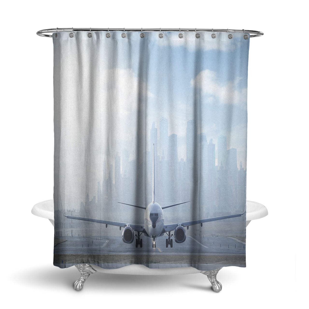 Boeing 737 & City View Behind Designed Shower Curtains