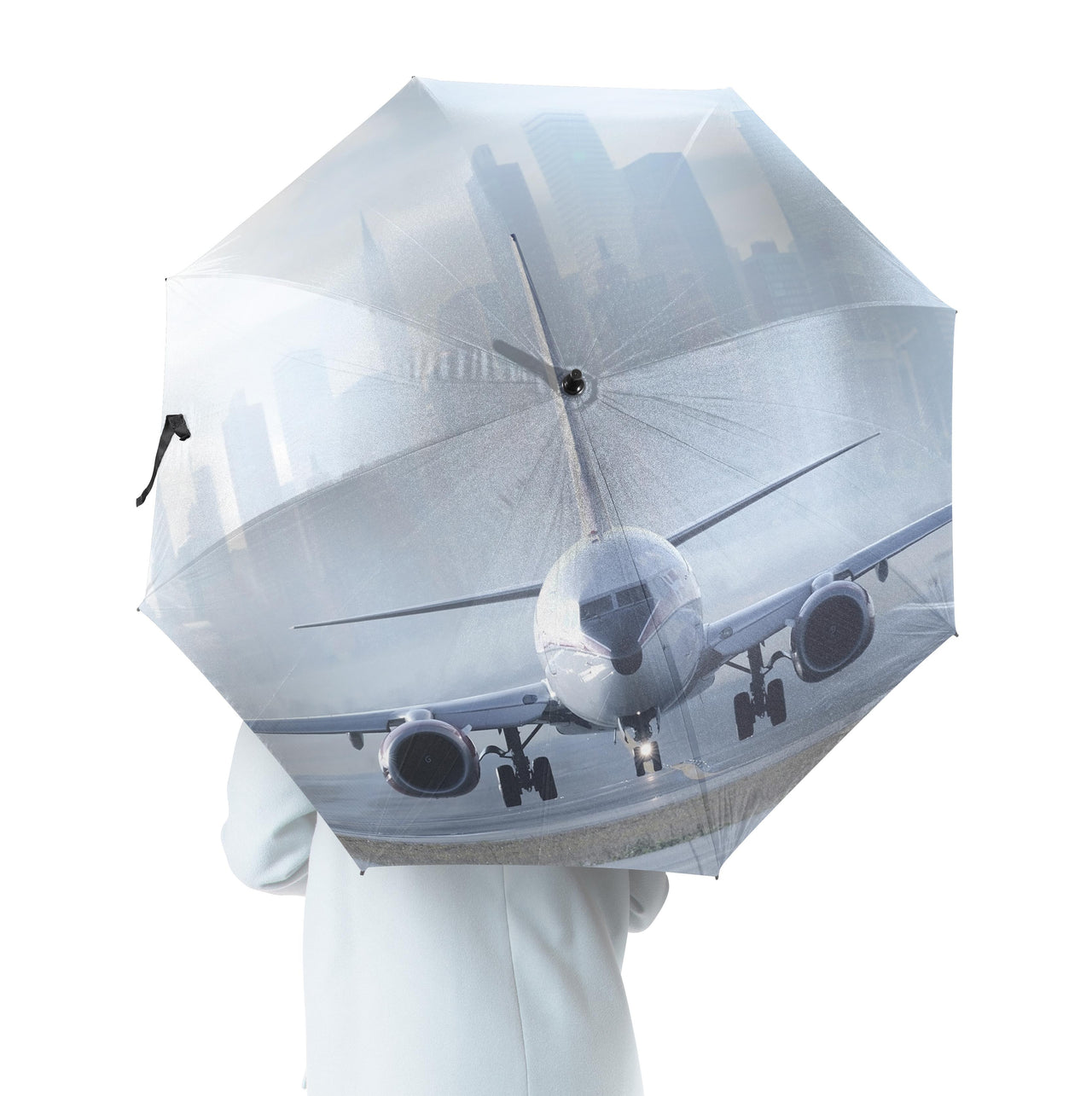 Boeing 737 & City View Behind Designed Umbrella