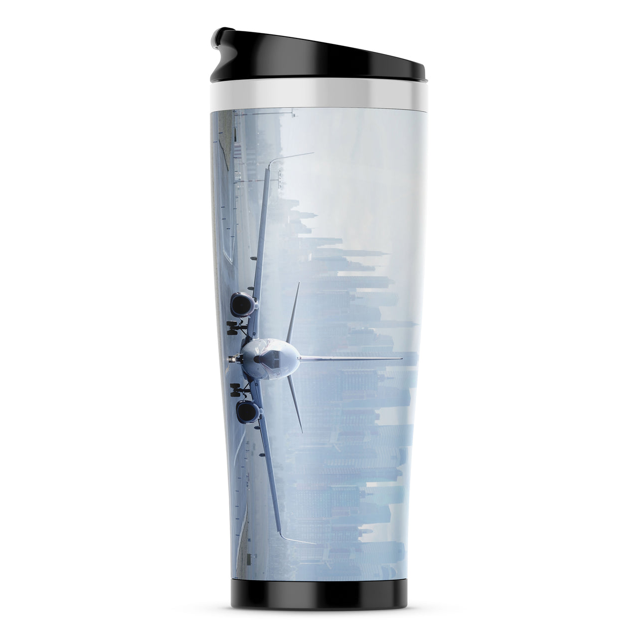 Boeing 737 & City View Behind copy Designed Travel Mugs