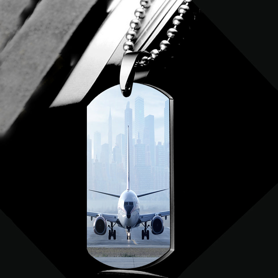 Boeing 737 & City View Behind Designed Metal Necklaces