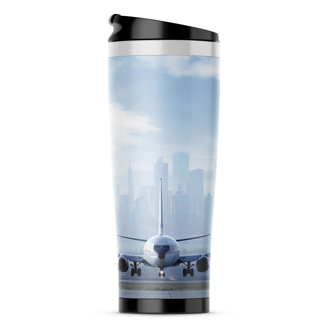 Boeing 737 & City View Behind copy Designed Travel Mugs