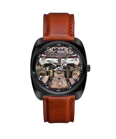 Boeing 747 Cockpit aviation-themed luxury watch, polished stainless steel.