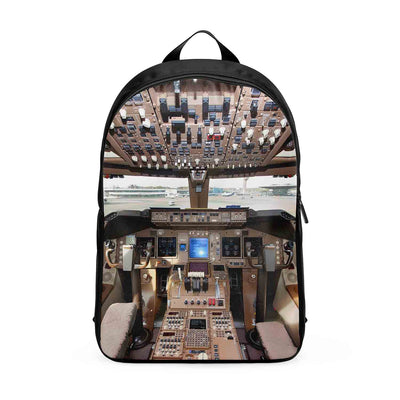 Boeing 747 Cockpit aviation design backpack, durable polyester construction.