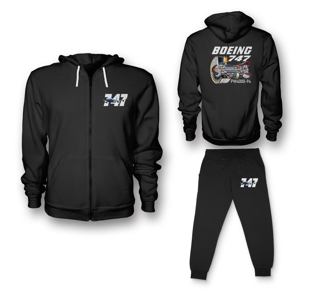 Boeing 747 & PW4000-94 Engine Designed Zipped Hoodies & Sweatpants Set