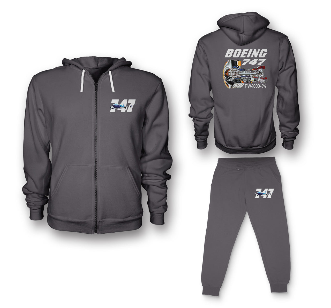 Boeing 747 & PW4000-94 Engine Designed Zipped Hoodies & Sweatpants Set