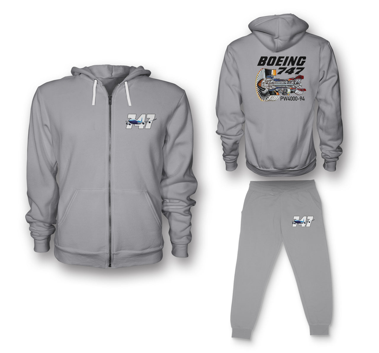 Boeing 747 & PW4000-94 Engine Designed Zipped Hoodies & Sweatpants Set