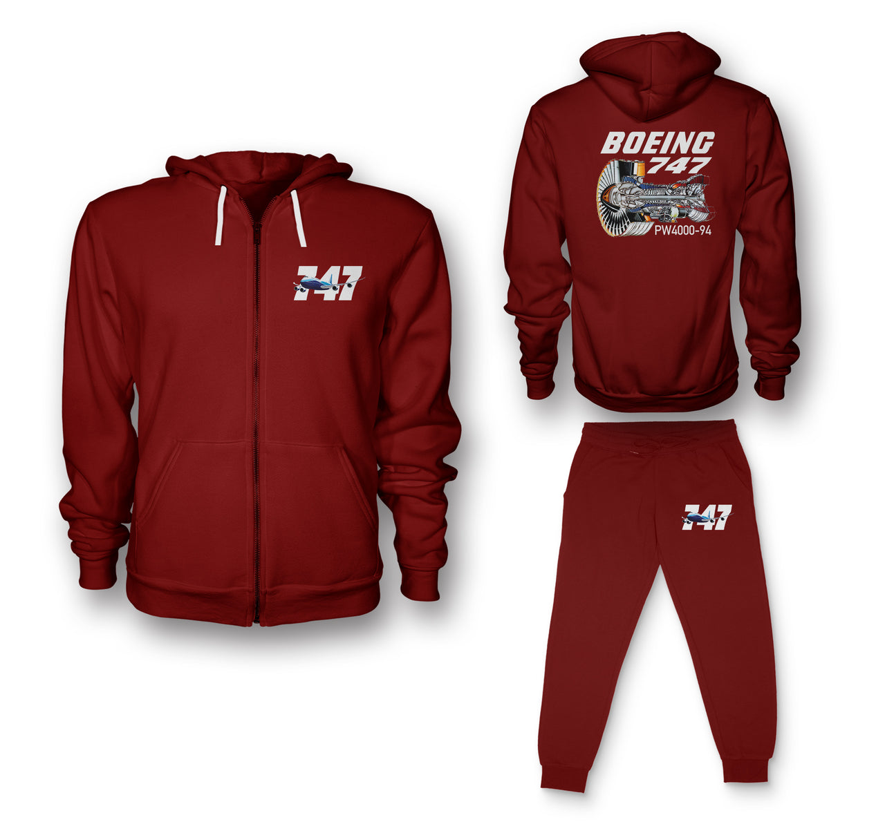 Boeing 747 & PW4000-94 Engine Designed Zipped Hoodies & Sweatpants Set