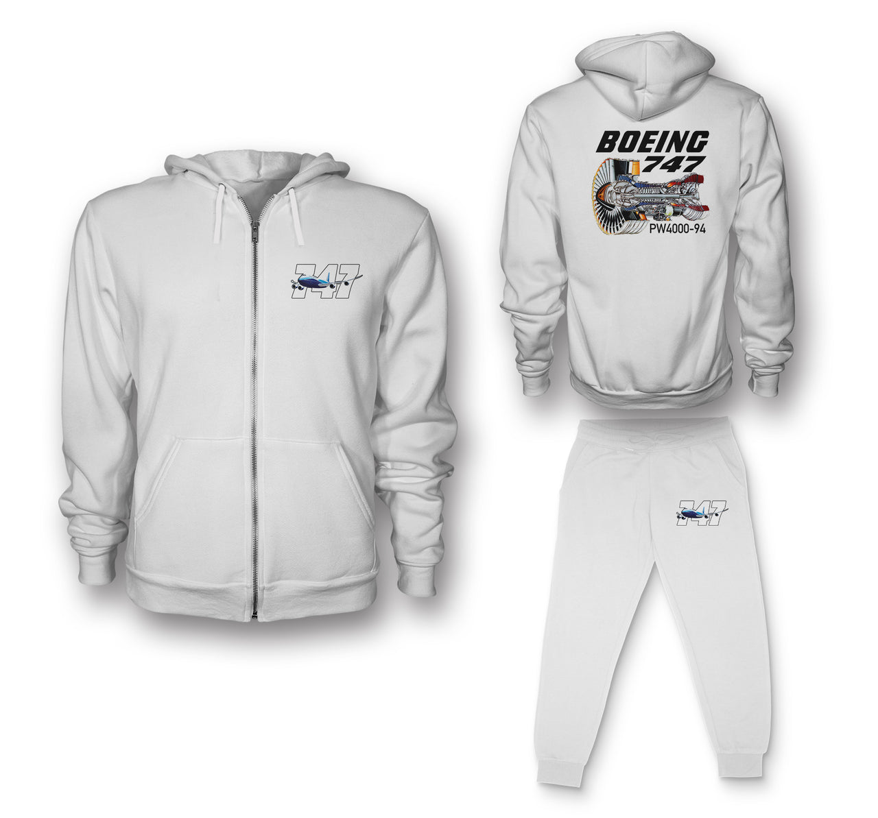 Boeing 747 & PW4000-94 Engine Designed Zipped Hoodies & Sweatpants Set