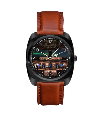 Side view of Boeing 777 Cockpit aviation luxury watch in stainless steel, polished finish.