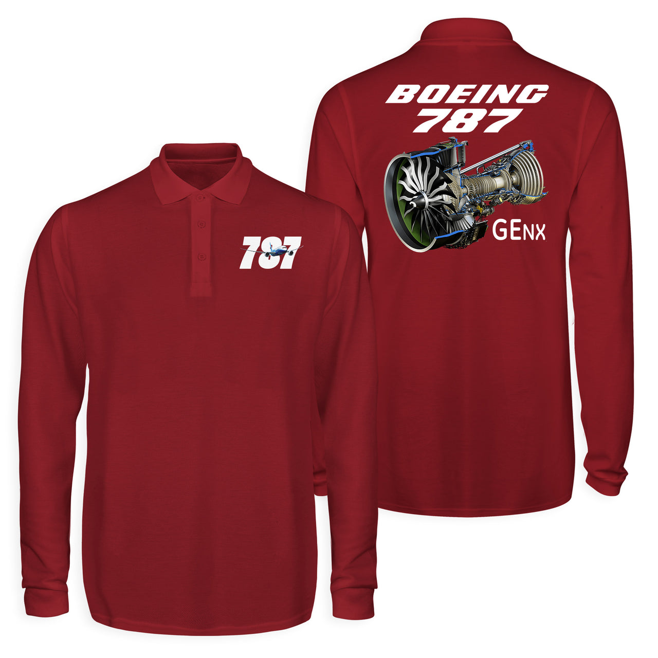Boeing 787 & GENX Engine Designed Long Sleeve Polo T-Shirts (Double-Side)
