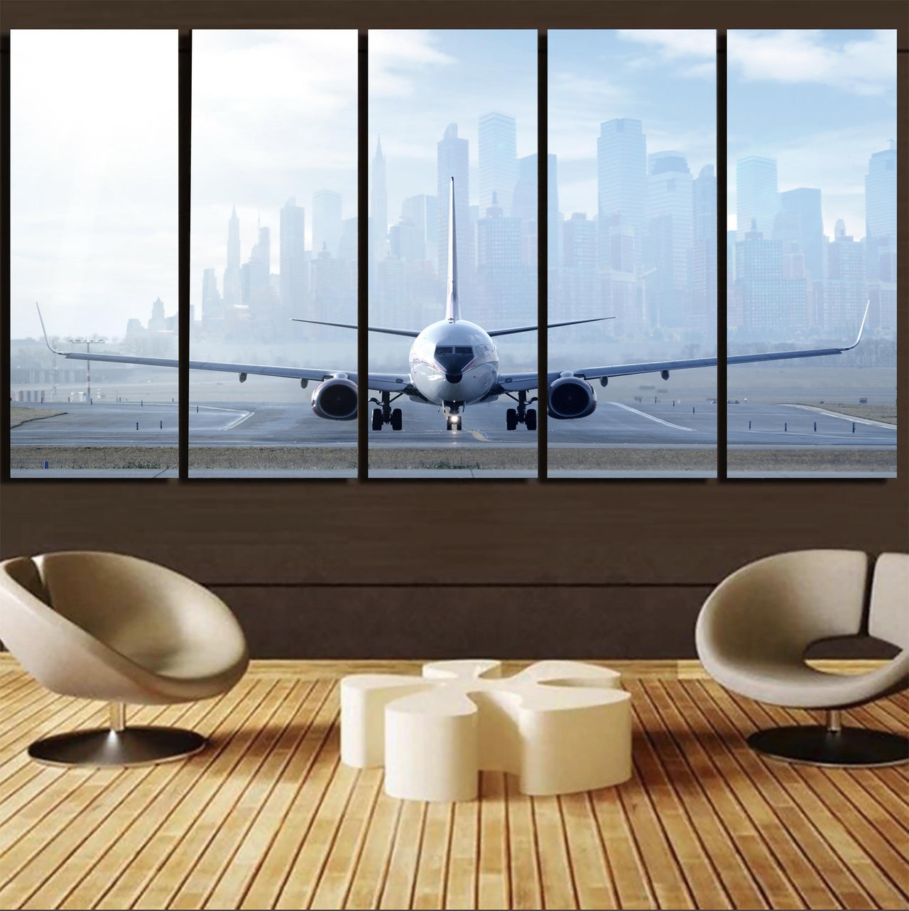 Boeing 737 & City View Behind Printed Canvas Prints (5 Pieces)