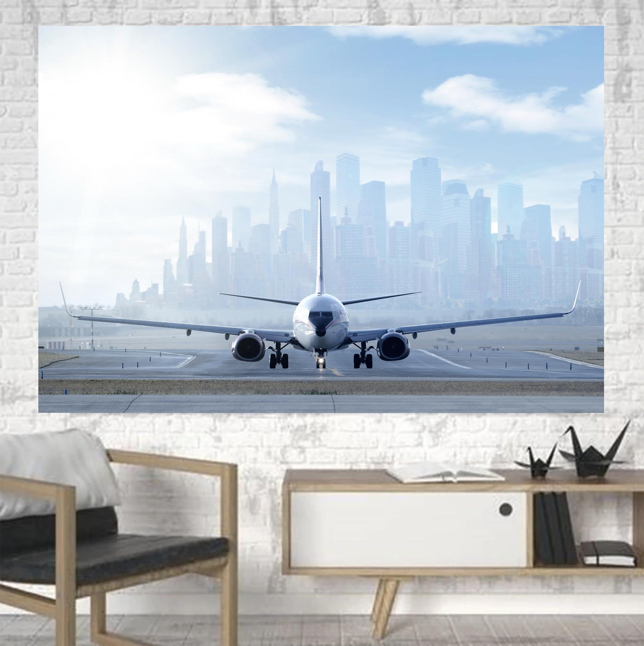 Boeing 737 & City View Behind Printed Canvas Posters (1 Piece)