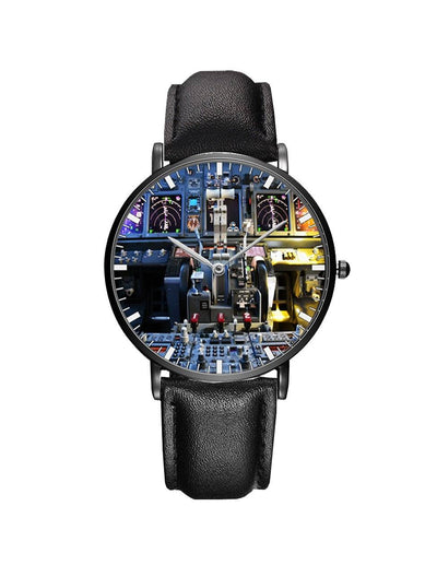 Boeing 737 Cockpit aviation-themed slim watch, polished stainless steel.