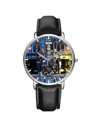 Thumbnail for Boeing 737 Cockpit Leather Strap Watches Pilot Eyes Store Silver & Black Leather Strap 