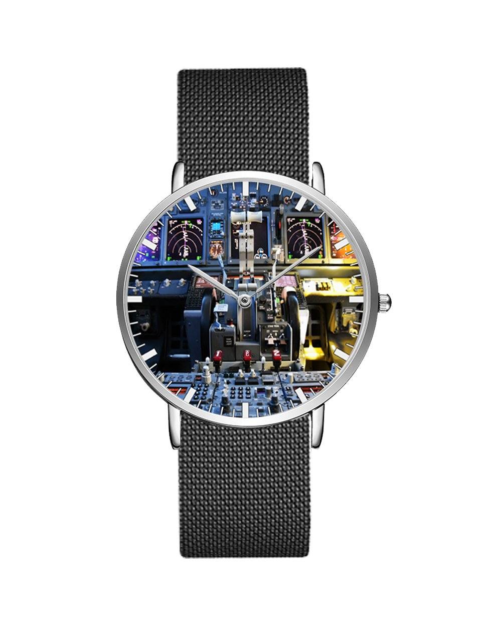 Boeing 737 Cockpit Designed Stainless Steel Strap Watches Pilot Eyes Store Silver & Black Stainless Steel Strap 