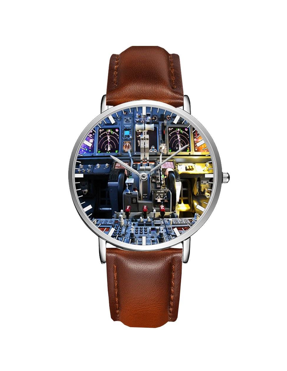 Boeing 737 Cockpit Leather Strap Watches Pilot Eyes Store Silver & Brown Leather Strap 
