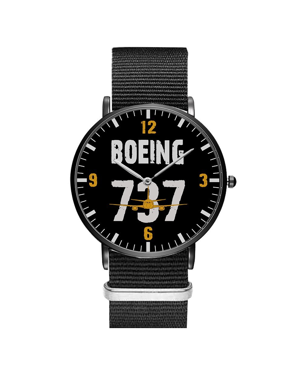Boeing 737 Designed Leather Strap Watches Pilot Eyes Store Black & Black Nylon Strap 