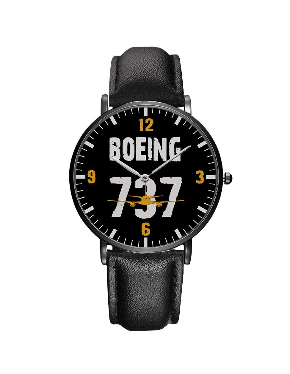 Boeing 737 Designed Leather Strap Watches Pilot Eyes Store Black & Black Leather Strap 