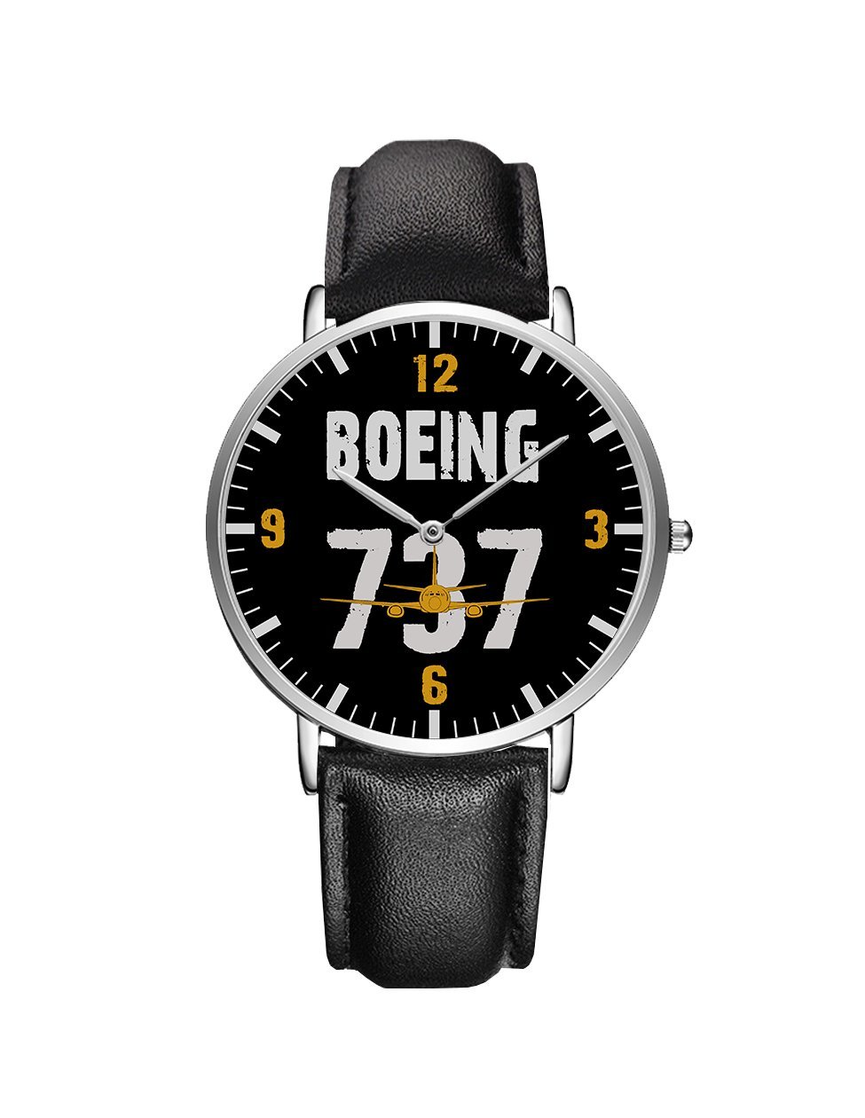 Boeing 737 Designed Leather Strap Watches Pilot Eyes Store Silver & Black Leather Strap 