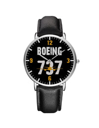 Thumbnail for Boeing 737 Designed Leather Strap Watches Pilot Eyes Store Silver & Black Leather Strap 