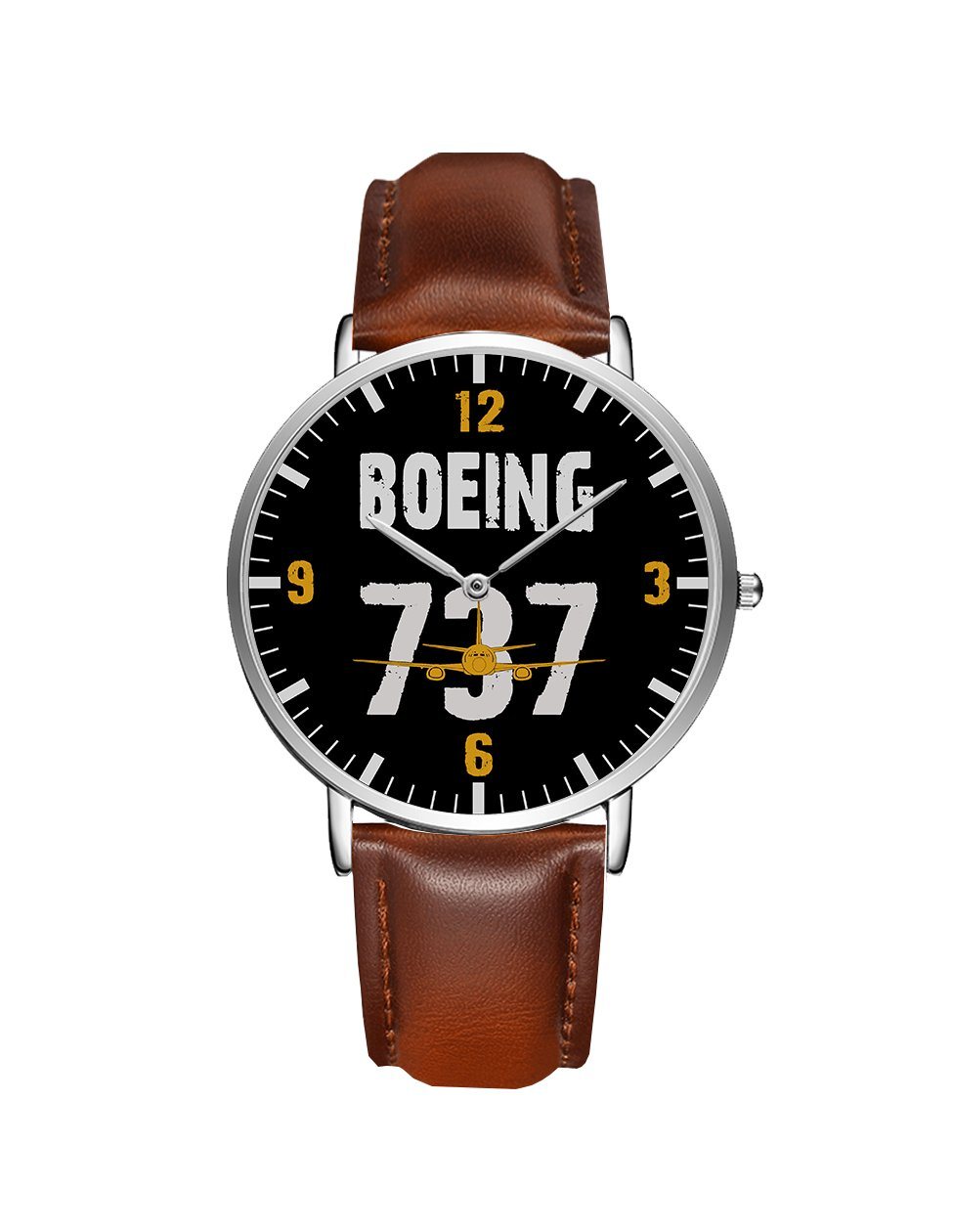 Boeing 737 Designed Leather Strap Watches Pilot Eyes Store Silver & Brown Leather Strap 