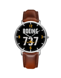 Thumbnail for Boeing 737 Designed Leather Strap Watches Pilot Eyes Store Silver & Brown Leather Strap 