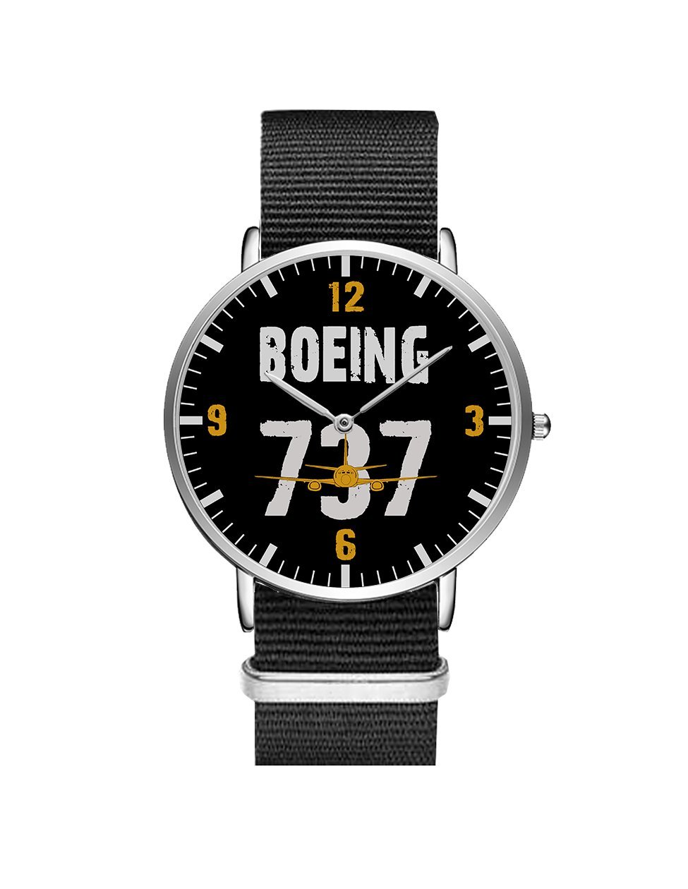 Boeing 737 Designed Leather Strap Watches Pilot Eyes Store Silver & Black Nylon Strap 