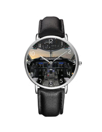 Thumbnail for Boeing 787 Cockpit Leather Strap Watches Pilot Eyes Store Silver & Black Leather Strap 