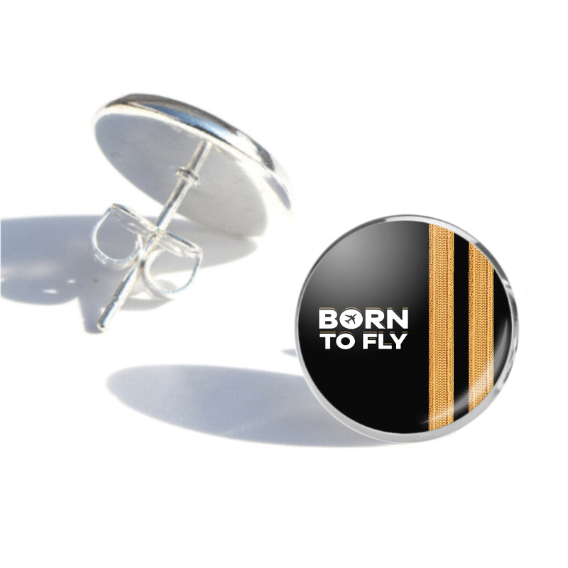 Born To Fly & Pilot Epaulettes (2 Lines) aviation-themed stud earrings, polished stainless steel.