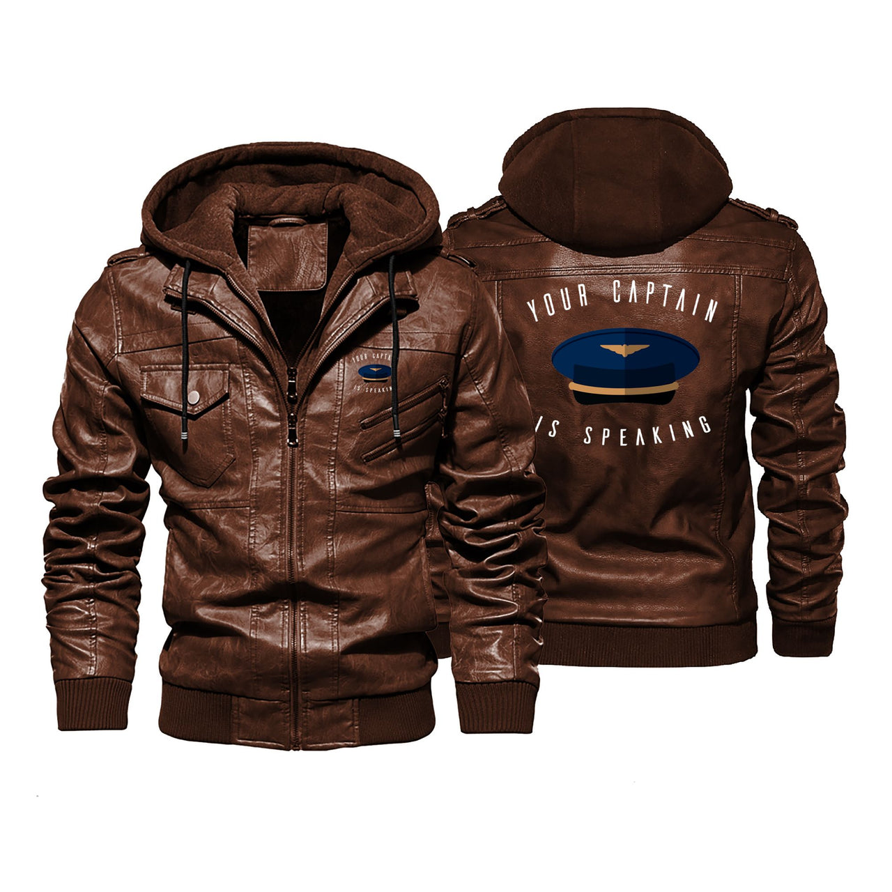 Your Captain Is Speaking Designed Hooded Leather Jackets