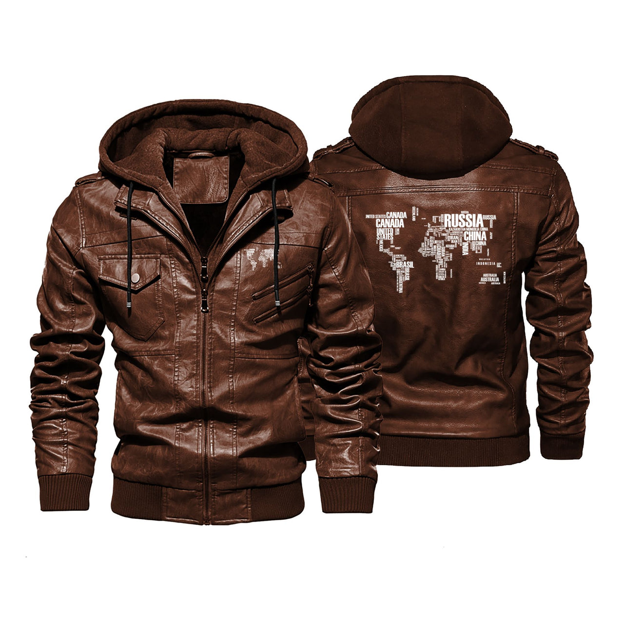 World Map (Text) Designed Hooded Leather Jackets