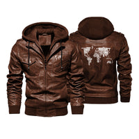 Thumbnail for World Map (Text) Designed Hooded Leather Jackets