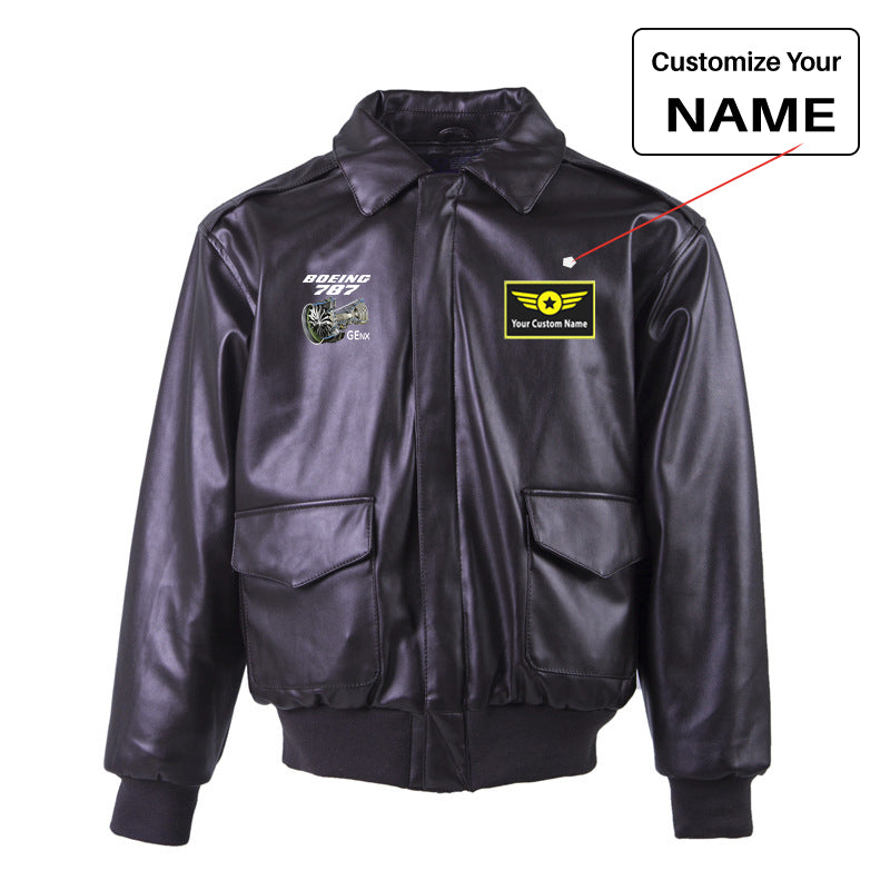 Boeing 787 & GENX Engine Designed Leather Bomber Jackets (NO Fur