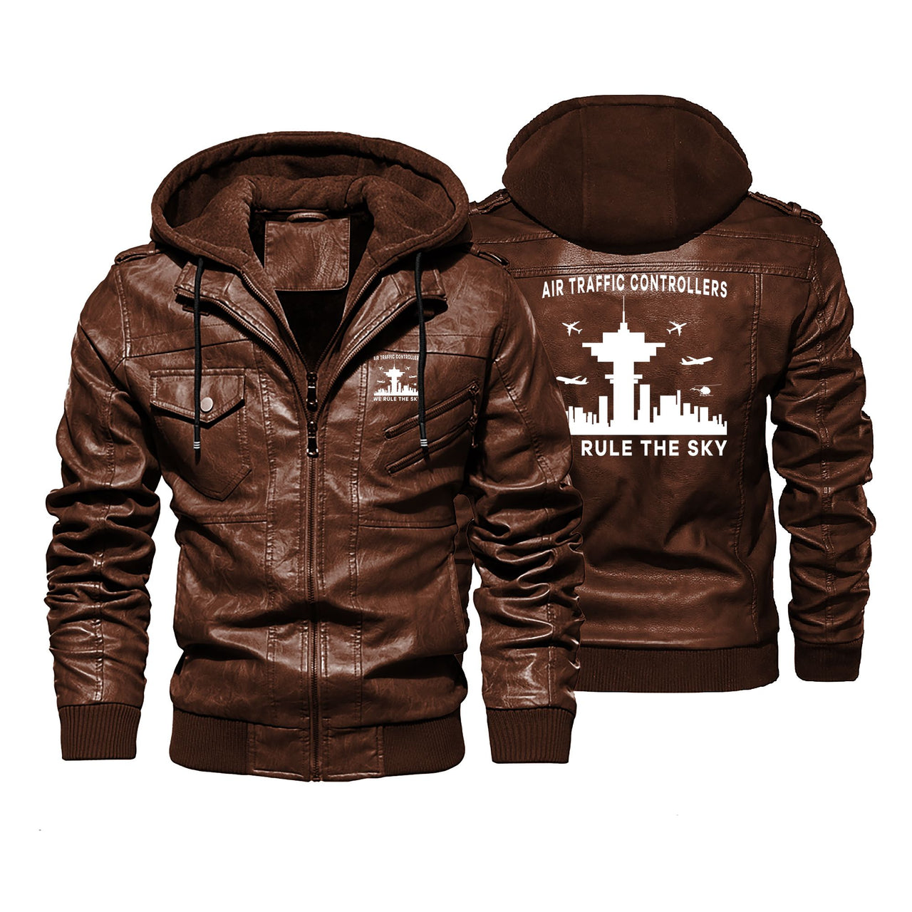 Air Traffic Controllers - We Rule The Sky Designed Hooded Leather Jackets