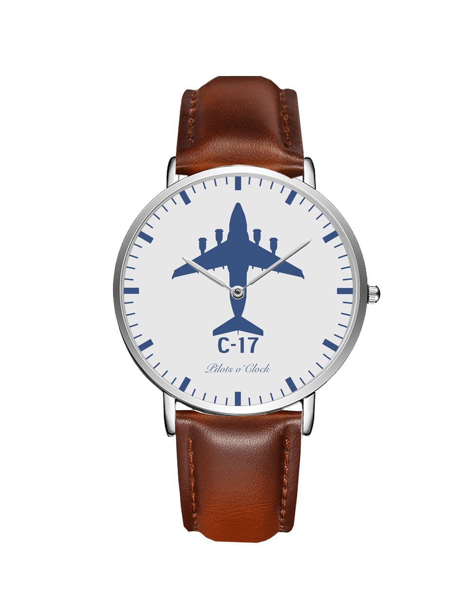 Boeing GlobeMaster C-17 Leather Strap Watches Pilot Eyes Store Silver & Brown Leather Strap 
