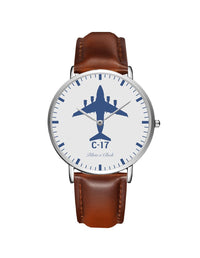 Thumbnail for Boeing GlobeMaster C-17 Leather Strap Watches Pilot Eyes Store Silver & Brown Leather Strap 