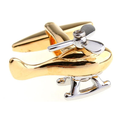 Side view of Cute Small Helicopter aviation cuff links in polished metal, polished finish.
