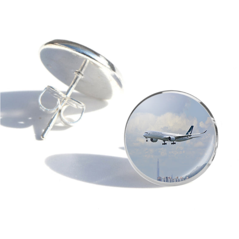 Side view of Cathay Pacific Airbus A350 aviation stud earrings in stainless steel, polished finish.