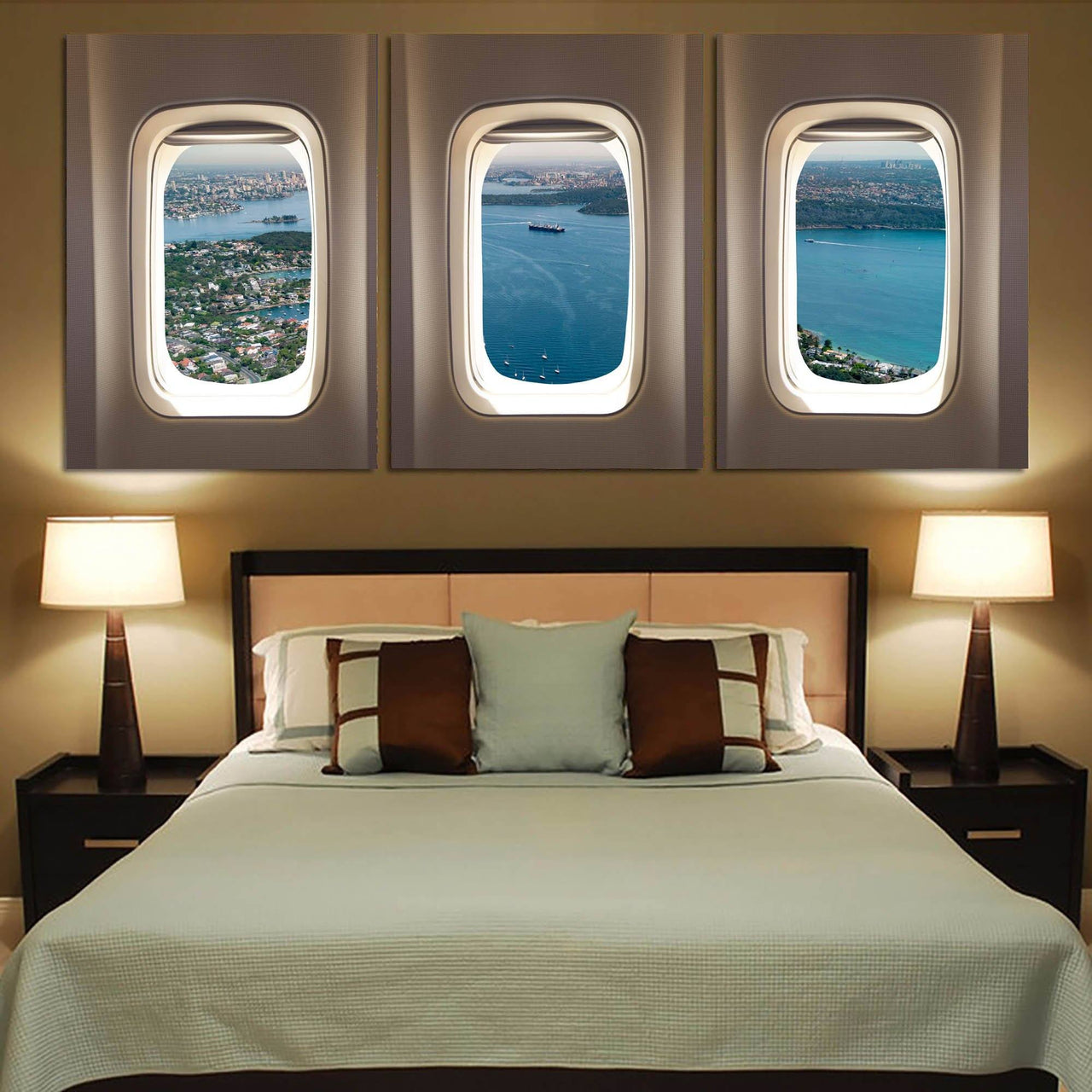 City view & River through Airplane Windows Printed Canvas Posters (3 Pieces) Aviation Shop 
