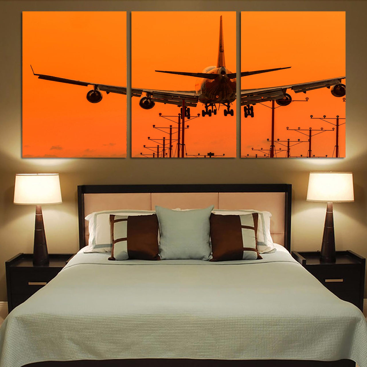 Close up to Boeing 747 Landing at Sunset Printed Canvas Posters (3 Pieces)