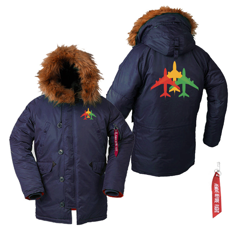 Colourful 3 Airplanes Designed Parka Bomber Jackets