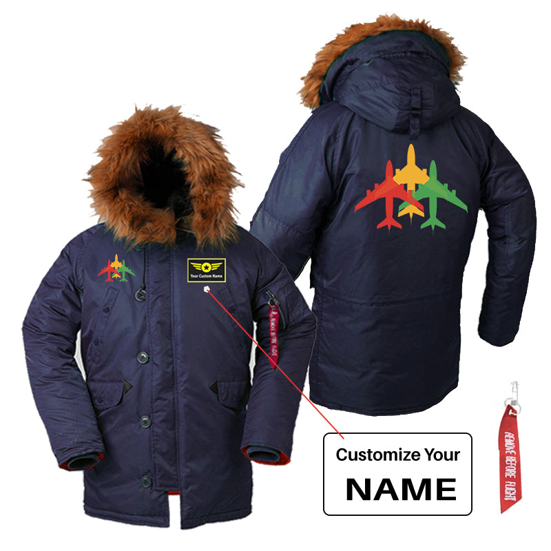 Colourful 3 Airplanes Designed Parka Bomber Jackets